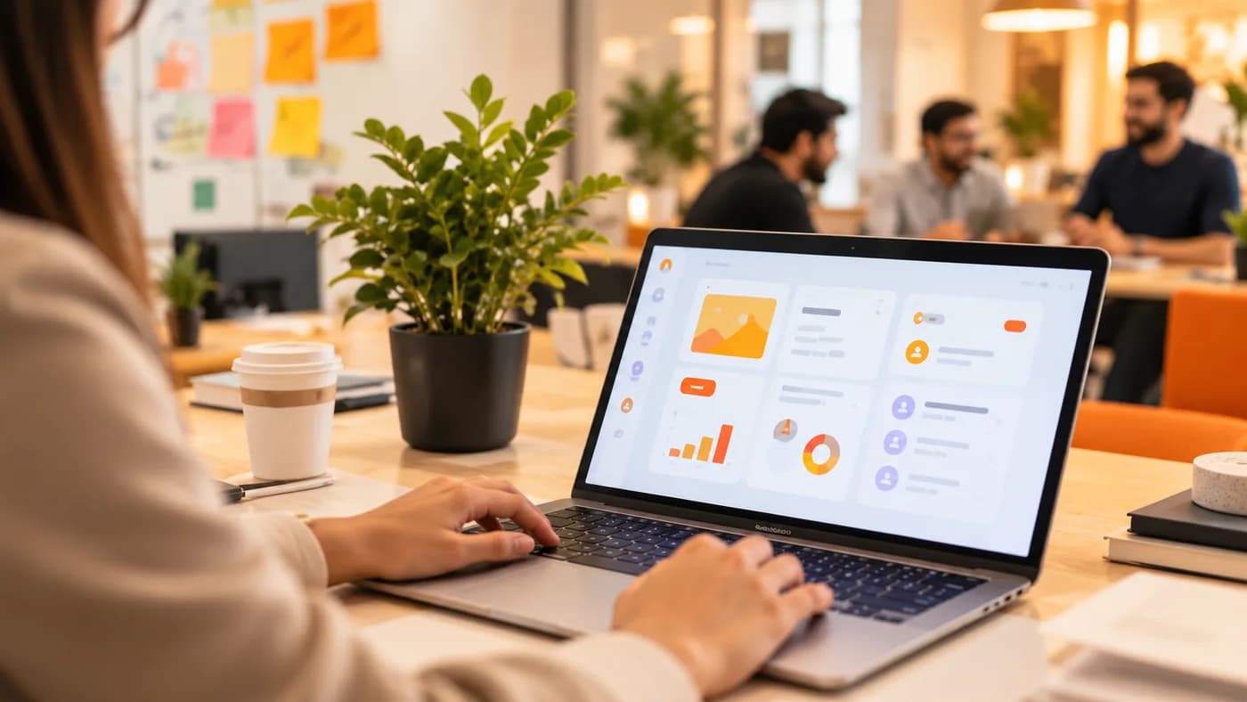 A laptop showing a product dashboard in a busy studio