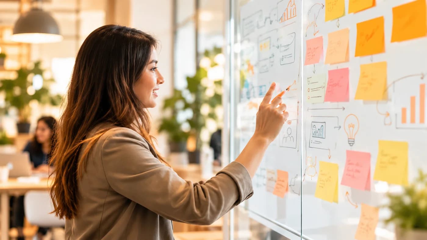 A teammate presenting ideas on a whiteboard of sticky notes